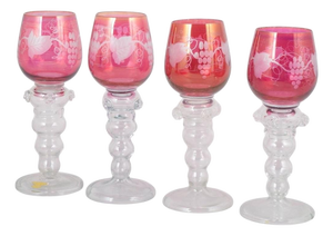 Bohemian Red Crystal Wine Glasses with Flowers and Grapes Motif, 1940s, Set of 4