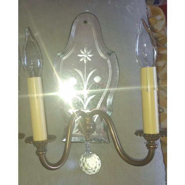 1940's Hollywood Regency Eglomise Floral Mirror Back W/ Bronze Wall Sconces a - Pair For Sale - Image 9 of 12