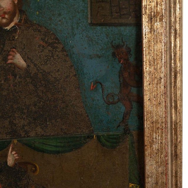 Antique 18thC Spanish Colonial Icon Painting Retablo St. Camillus & Christ 1760 For Sale - Image 4 of 9