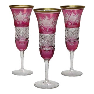 Three Antique Bohemian Rose Floral Cut to Clear Crystal Champagne Flutes For Sale