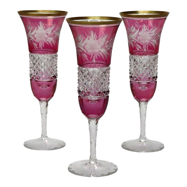 Three Antique Bohemian Rose Floral Cut to Clear Crystal Champagne Flutes For Sale