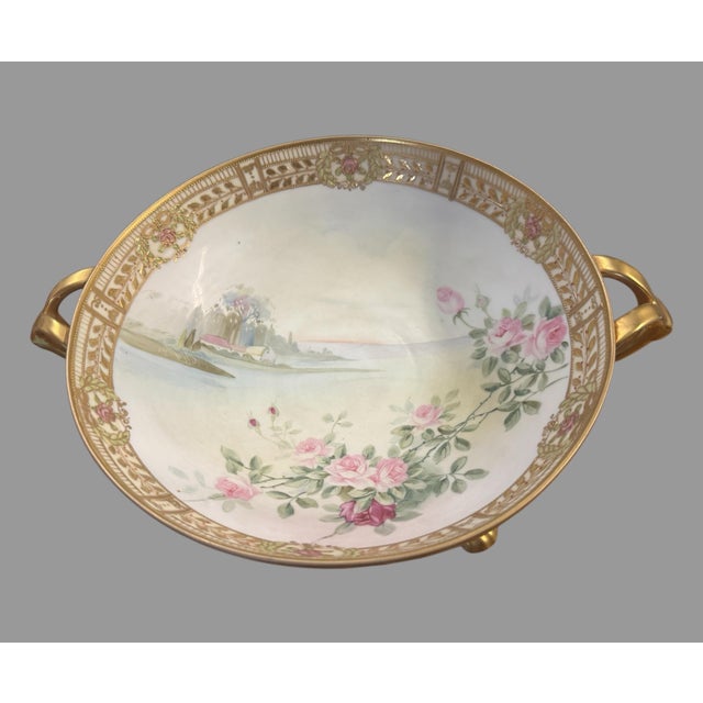 Antique Nippon Hand Painted Porcelain Compote Roses Landscape Gilt Footed Stand For Sale - Image 10 of 12