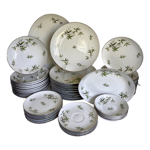1960s Wentworth China “Bamboo” Japanese Porcelain Dinnerware Set With Platinum Trim – 44 Pieces For Sale