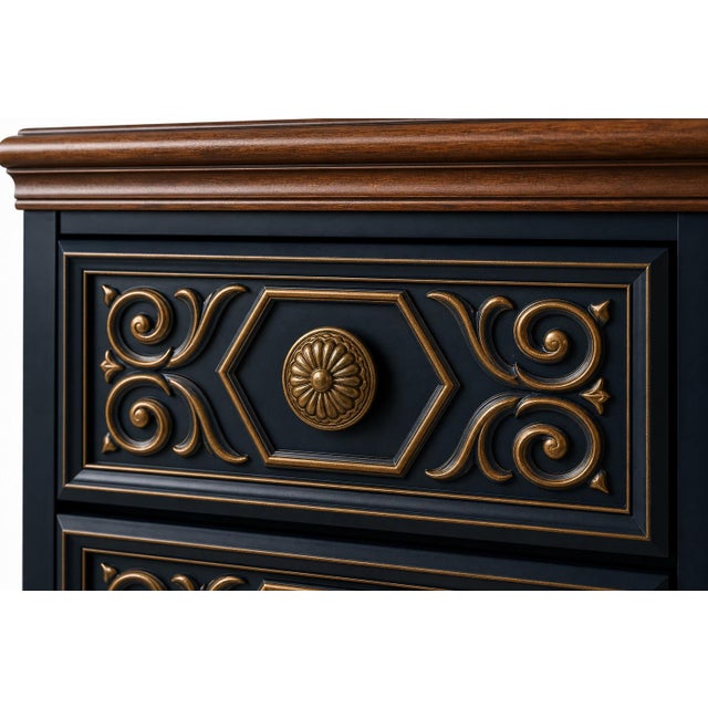 Wood Vintage 1970s Drexel-Attributed Tallboy Dresser — Custom Midnight Blue & Gilded Finish, Dovetail Construction For Sale - Image 7 of 10