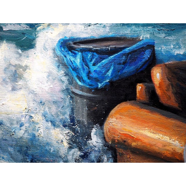 This oil on canvas artwork depicts a figure reclining amidst turbulent waves, lost in thought as a whimsical assortment of...