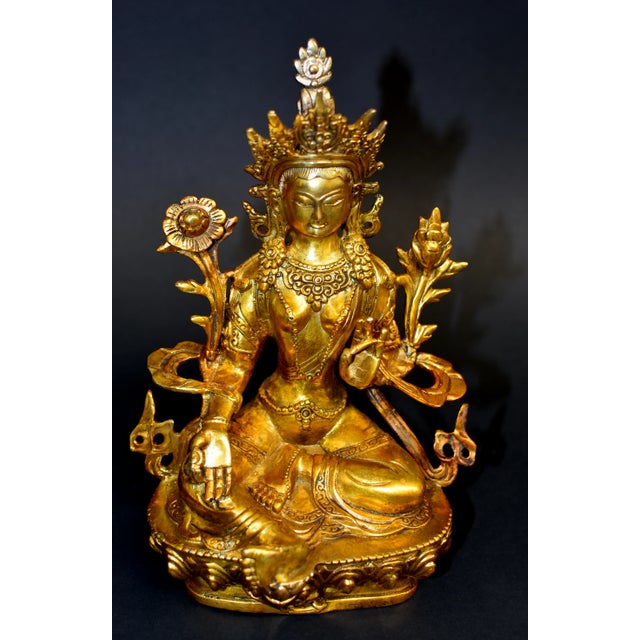Figurative Gilt Bronze Tibetan Green Tara For Sale - Image 3 of 13