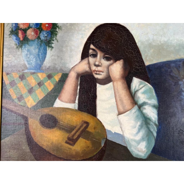 1960's Abati Young Woman With Mandolin Oil Painting, Framed For Sale - Image 9 of 13