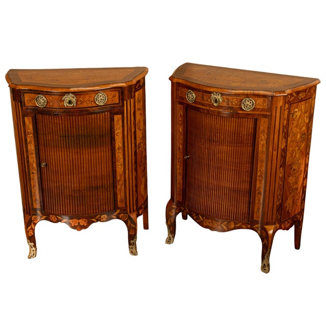 Pair Antique 18thC French Louis XV Inlaid Marquetry Ormolu Tambour Cabinets 1780 For Sale - Image 9 of 18