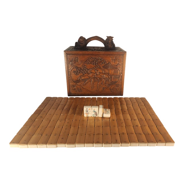 One-of-a-Kind Antique Mahjong Set From the 1920s in Amazing Carved Box For Sale