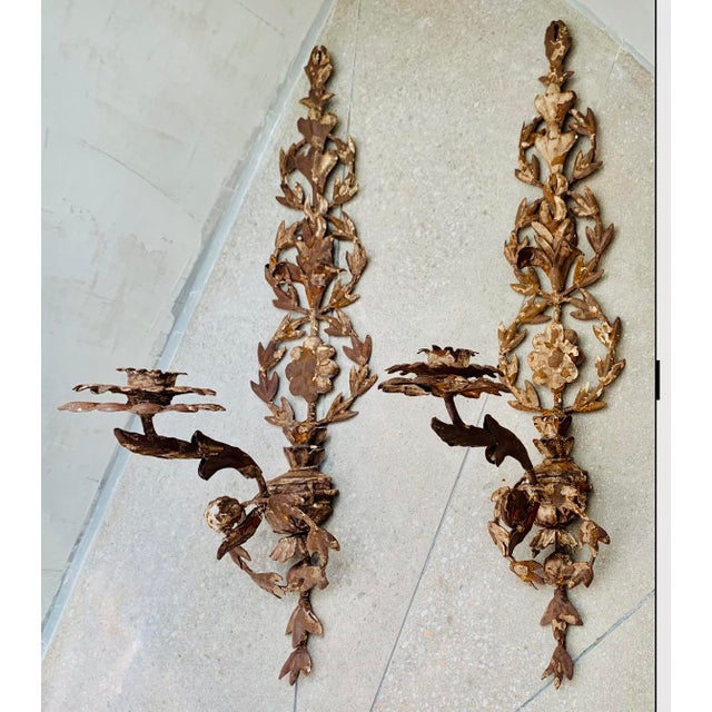 Late 20th Century Vintage French Provincial Iron Botanical Candle Sconces Light With Chippy Paint Finish- A Pair For Sale - Image 12 of 12