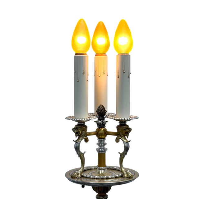 Gothic Early 20th Century Lion's Heads Candleabra Floor Lamp in Cast Brass With Silver Accents #2612 For Sale - Image 3 of 11