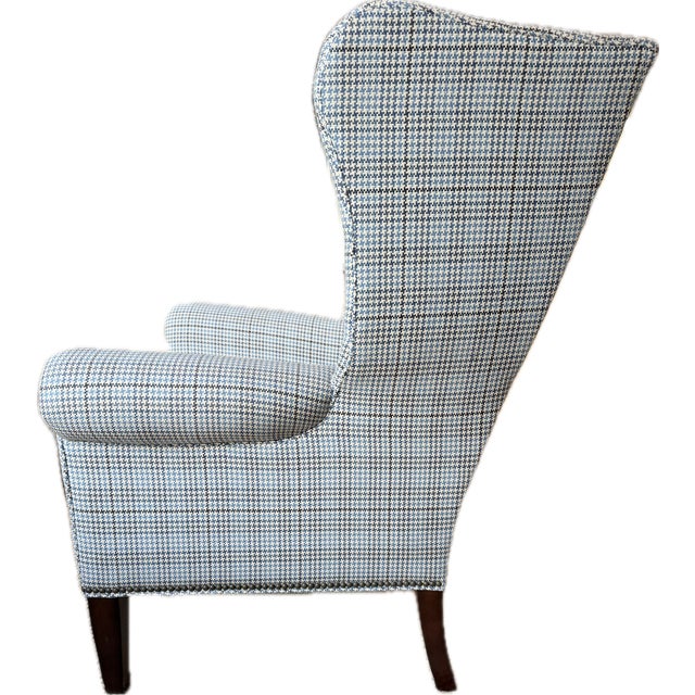 Tufted Blue and Gray Houndstooth Wingback Chair For Sale - Image 12 of 18
