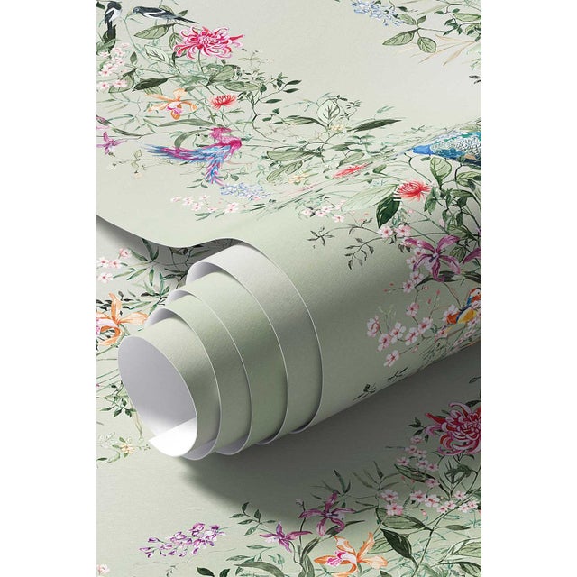 Mahjong Floral Stripe Grasscloth Wallpaper by House Party | Green Dragon | 8 Yards For Sale - Image 4 of 7
