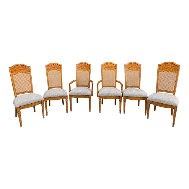 Vintage French Provincial Cane Back Dining Chairs, Newly Reupholstered – Set of 6 For Sale