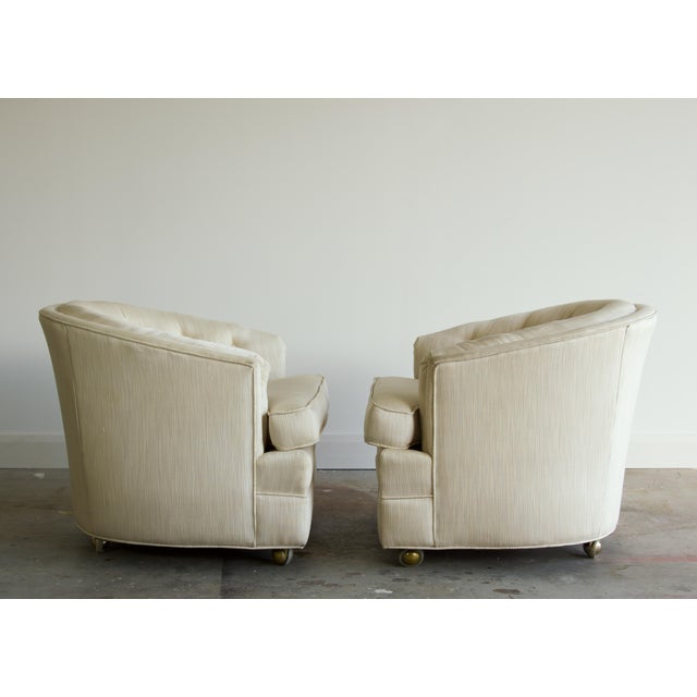 1970s Pair, Rolling Cream Tufted Barrel Back Club Chairs on Brass Casters, 1970's For Sale - Image 5 of 8