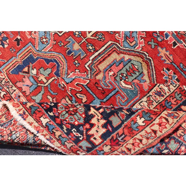 Antique Heriz Rug With Red Field, Geometric Tribal Motifs and Navy Blue Border 9'2 X 11'10 For Sale - Image 16 of 17