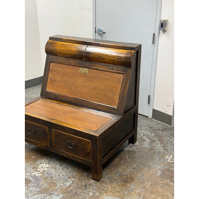 Asian Wooden Storage Bench + Cane Panels, Vintage For Sale - Image 12 of 12