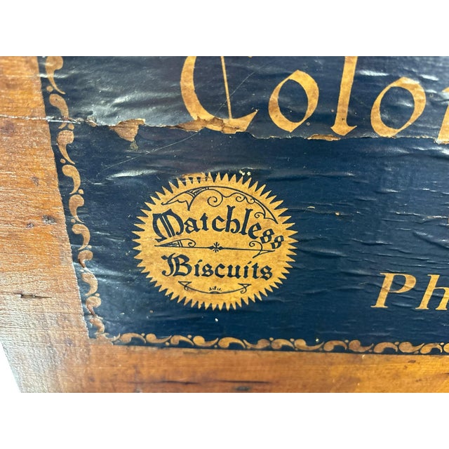 Sienna Antique Colonial Biscuit Company Philadelphia Wooden Advertising Crate With Original Lithograph Label For Sale - Image 8 of 11