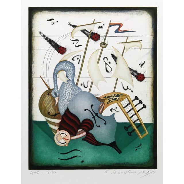 A whimsical etching by American artist Tighe O'Donoghue titled Juggernaut. This 1980's Aquatint etching is one to feast...