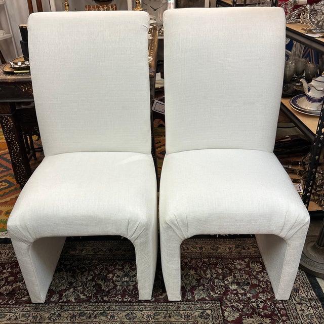 Post Modern Linen Covered Roll Back Chairs 8 Pieces Available For Sale - Image 9 of 9