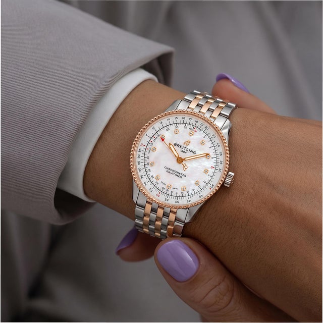 Ladies Breitling Navitimer 35mm U17395 Mop Dial 18k Rose Gold and Steel Watch For Sale - Image 10 of 10