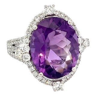 Natural Amethyst Diamond Ring Size 6.5, 14k Gold 8.83 TCW Certified For Sale