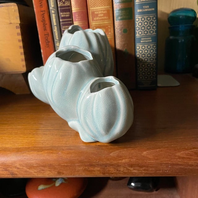 Mid Century Modern Blue Ceramic Coral Flower Ikebana Vase For Sale - Image 4 of 9