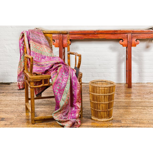 Mid 20th Century Country Style Rattan Waste Basket with Braided Woven Accents and Tapering Lines For Sale - Image 5 of 12
