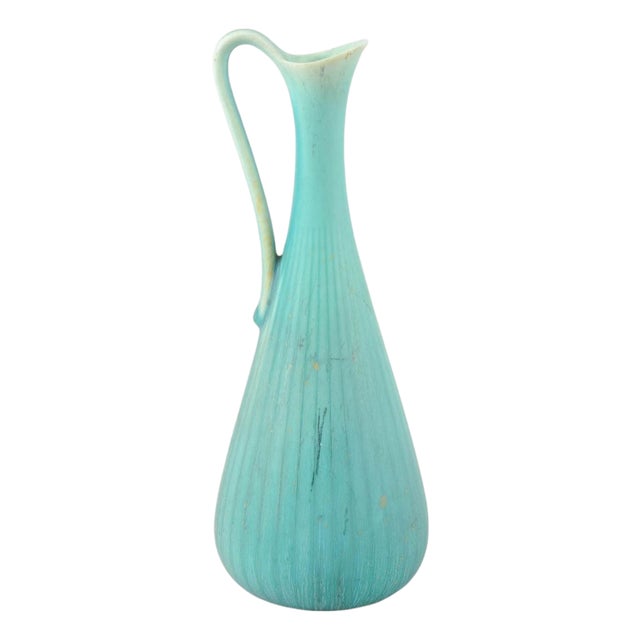 Turquoise Glazed Ribbed Pitcher by Gunnar Nylund for Rörstrand, 1950s For Sale