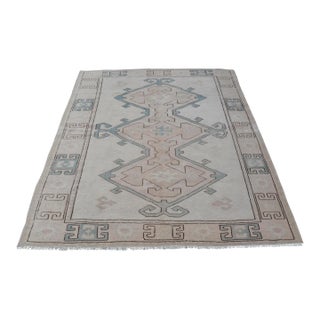 Geometric Vintage Natural Oushak Carpet For Sale