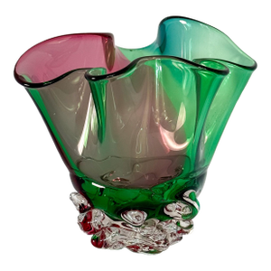 Signed David Van Noppen Ruffled Art Glass Vase in Emerald Green, Cranberry Pink & Blue