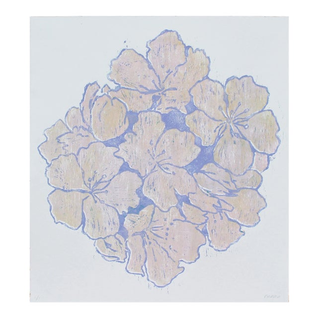 One of a Kind Pink Floral Woodblock Print by Michelle Farro For Sale