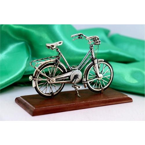 Silver Bicycle with Applications and Wooden Base For Sale - Image 6 of 7
