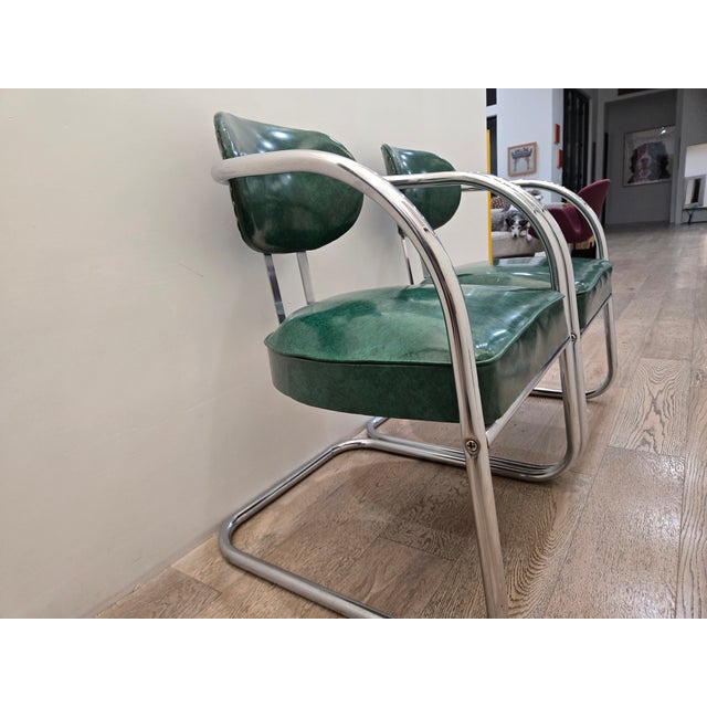 KEM Weber Mid 20th Century Art Deco Accent Chairs - Pair - Chrome and Green - Attributed to Kem Weber for Lloyd’s Manufacturing For Sale - Image 4 of 18