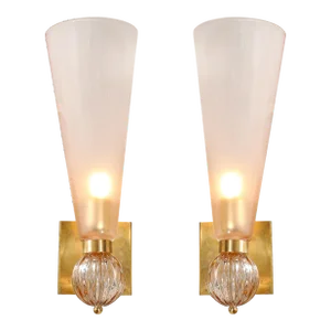 Modernist Hand-Blown Smoked Garnet Conical Murano Glass & Orbital Drop Sconces