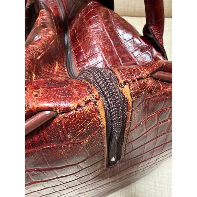 Embossed Crocodile Travel Satchel Bag, Maroon For Sale - Image 11 of 13