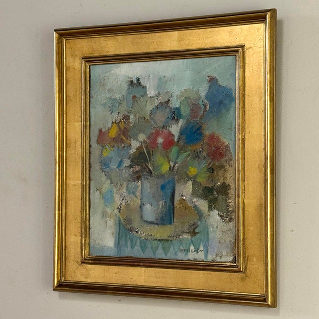 Id Century Modernist Floral Still Life Oil Painting by Marcel Mortier in Original Gold Leaf Frame For Sale - Image 4 of 17