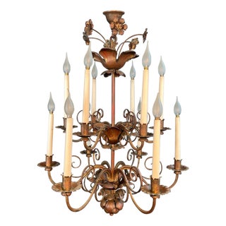 1940s Large 2-tier chandelier in gold metal with 12 lights in the style of Maison Baguès For Sale