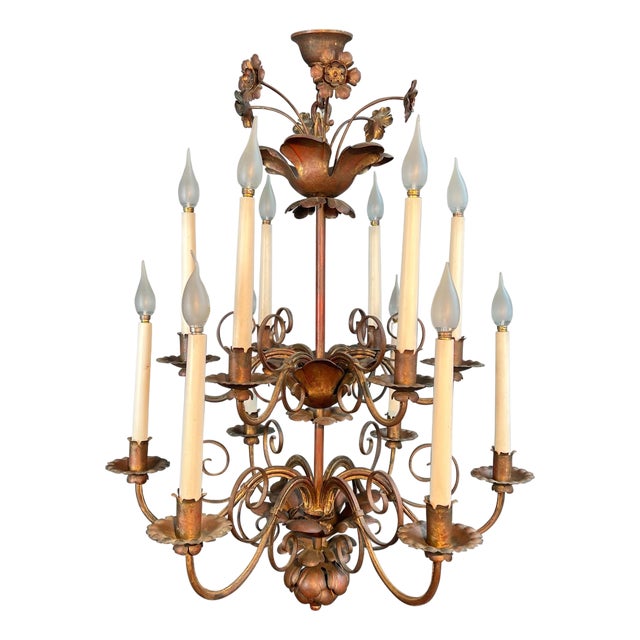 1940s Large 2-tier chandelier in gold metal with 12 lights in the style of Maison Baguès For Sale