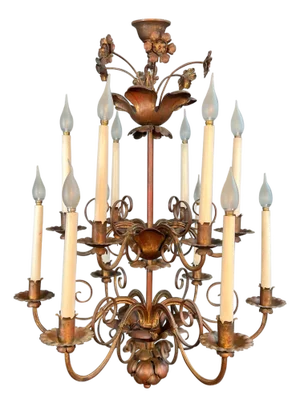1940s Large 2-tier chandelier in gold metal with 12 lights in the style of Maison Baguès