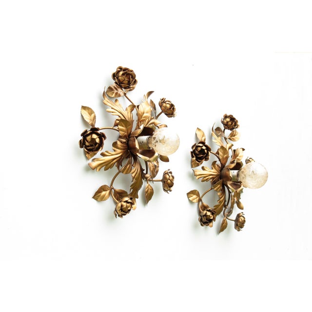 Gold-Plated Wall Lights with Roses, Italy, 1970s, Set of 2 For Sale - Image 3 of 9