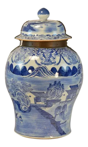 Giant 18th Century Chinese Blue & White Porcelain Landscape Scene Palace Floor Vase or Jar with Cover