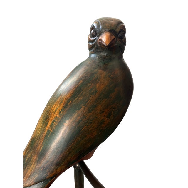 1980s Monumental Hand-Carved Wood Parrot Sculpture on Brass Stand — 58” Tall For Sale In Jacksonville, FL - Image 6 of 10