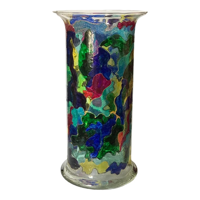 1990s Tall Cylinder Multicolor One of a Kind Hand Painted Vase, Signed by Monique Nichols For Sale