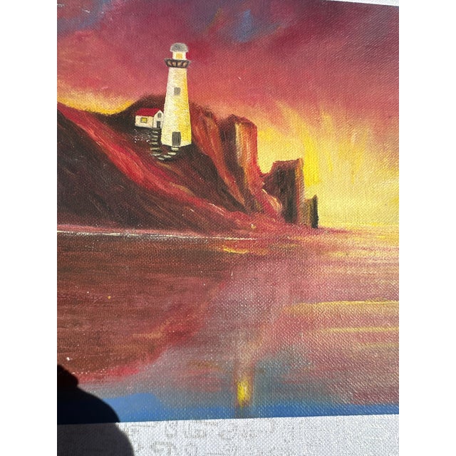 1990s Lighthouse and Sunset Seascape Painting on Canvas For Sale - Image 4 of 8