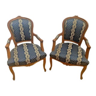 Antique Armchairs French Carved Crown Blue Silk Fabric - a Pair For Sale