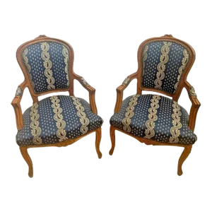 Antique Armchairs French Carved Crown Blue Silk Fabric - a Pair