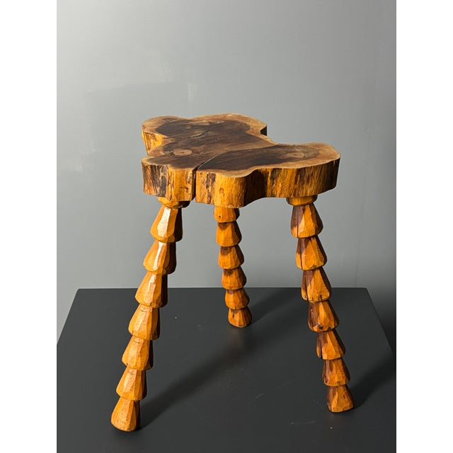 Mid-Century Modern Mid-Century Brutalist French Artisanal Handmade Wood Turned Tripod Stool, 1960s For Sale - Image 3 of 17