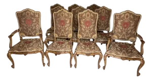 Vintage Louis XV Style Dining Chairs Carved & Upholstered- Set of 10 Chairs