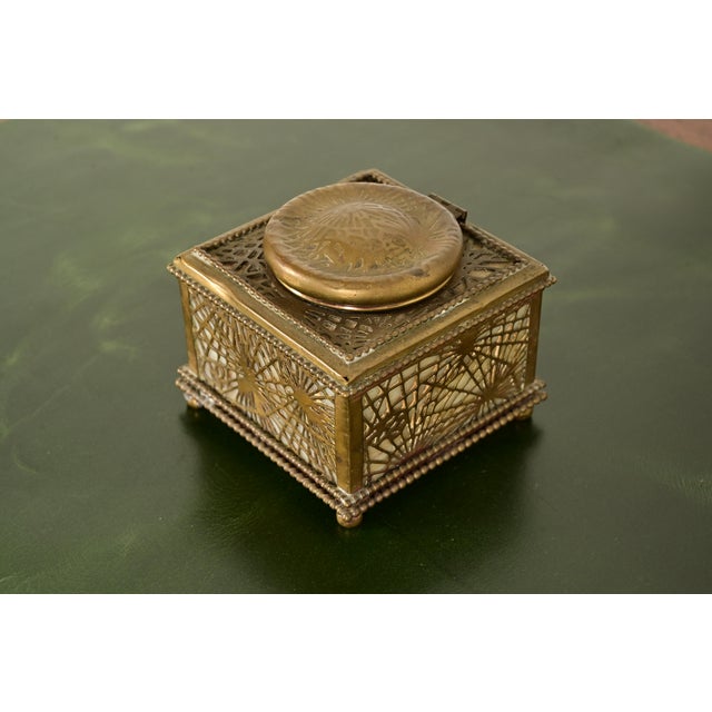 Tiffany Studios Tiffany Studios New York Pine Needle Bronze Doré and Favrile Slag Glass Inkwell For Sale - Image 4 of 12